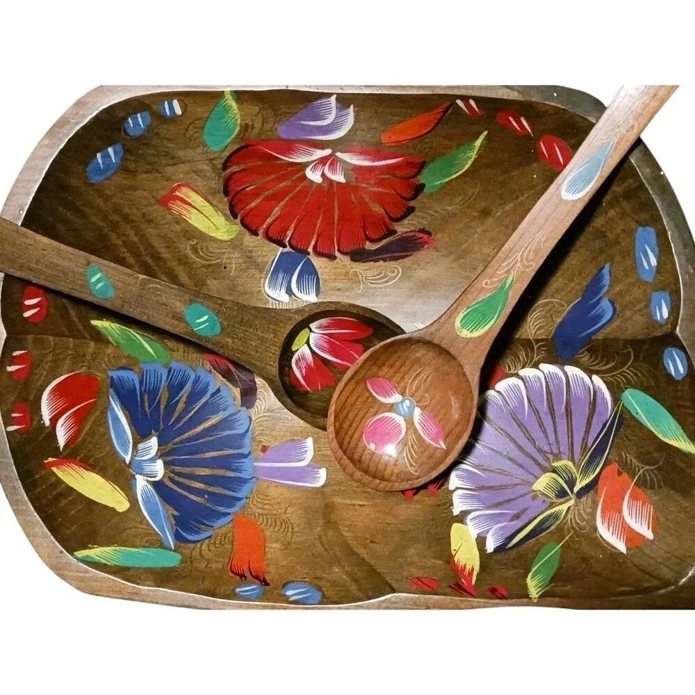 VINTAGE Mexican MEXICO Folk Art Batea Wood Serving Bowl HAND PAINTED Spoon, Fork
